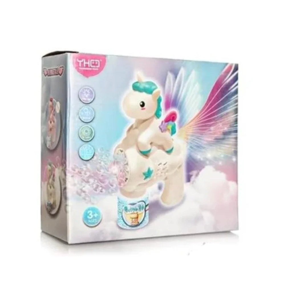 Unicorn bubble gun toy blowing colorful bubbles.