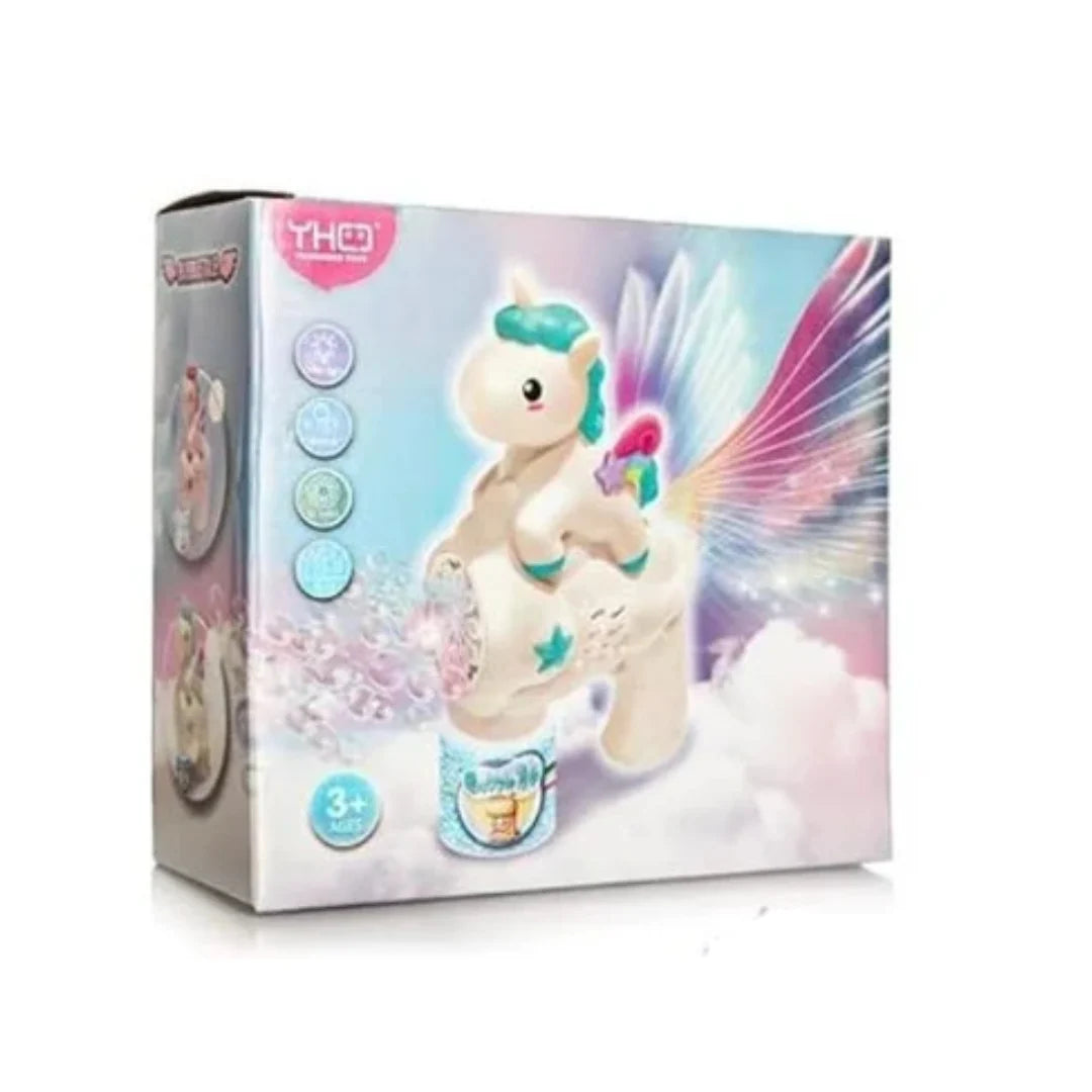 Unicorn bubble gun toy blowing colorful bubbles.