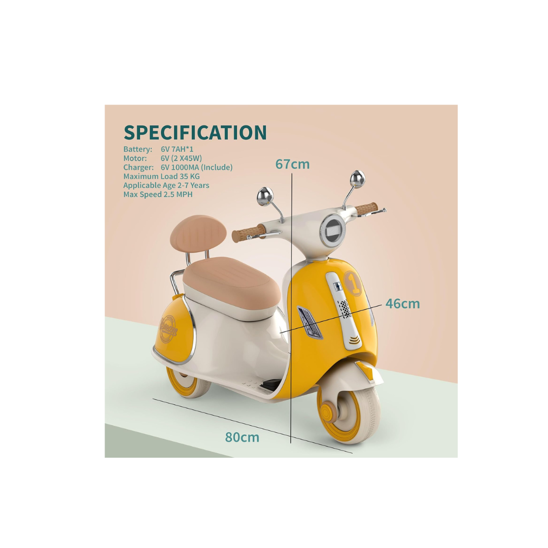 Ideal Battery Operated Vintage Scooter for Girls and Boys with Music Wide Seat, Safe Bike for Kid, Ages 2-6 Years, Stylish & Fun Design