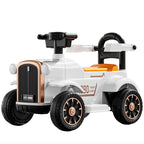 A white vintage-style children's ride-on toy car with black wheels, a black handlebar, and metallic bronze accents on the grille and wheel centers. The brand name REYA is visible in the top left corner.