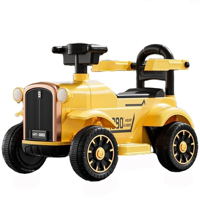 A yellow vintage-style ride-on toy car with black wheels, a black seat, and a black steering wheel, shown on a white background with the REYA brand logo in the top left corner.