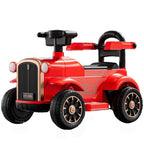 A red vintage-style children's ride-on toy car with black wheels, a black seat, and a gold-colored front grille. The toy is shown on a white background with a REYA brand logo in the top left corner.