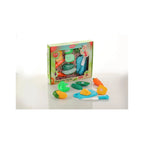 Sliceable vegetable cutting play set with toy knife and board.