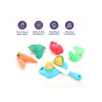 Sliceable vegetable cutting play set with toy knife and board.