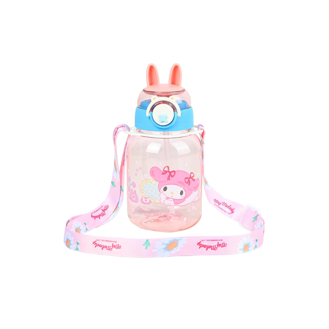 Animated Character Kids Water Bottle with Bunny Ears Lid, Purple Floral Lanyard, Clear & Leak Proof Water Bottle For Kids.