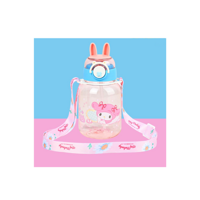 Animated Character Kids Water Bottle with Bunny Ears Lid, Purple Floral Lanyard, Clear & Leak Proof Water Bottle For Kids.