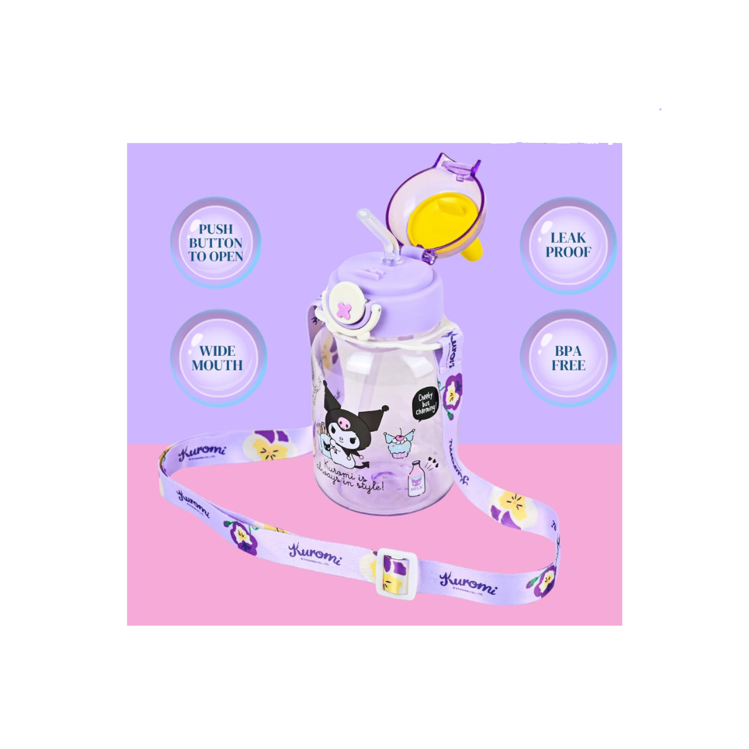 Animated Character Kids Water Bottle with Bunny Ears Lid, Purple Floral Lanyard, Clear & Leak Proof Water Bottle For Kids.
