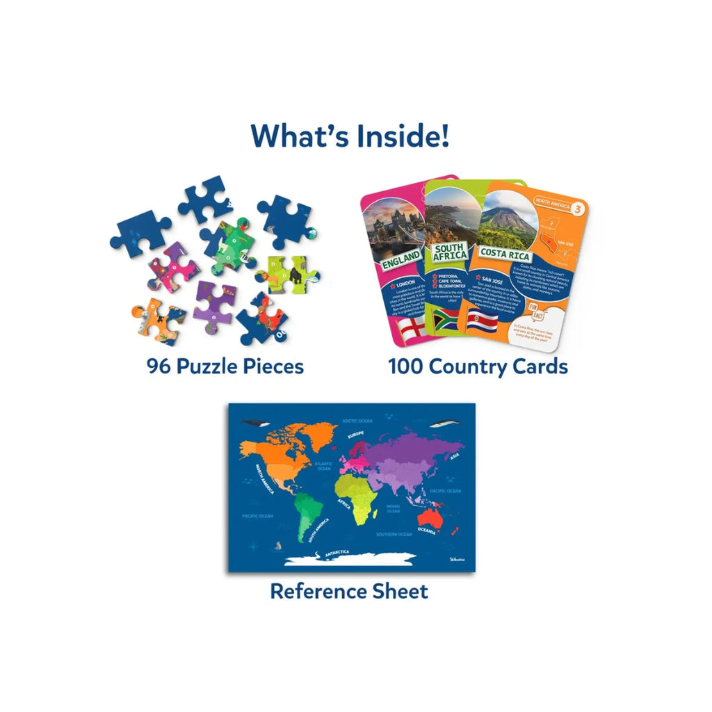 World Map Puzzle ,96 Piece Floor Puzzle with 100 Country Cards ,Educational Geography Game for Kids ( 6+)