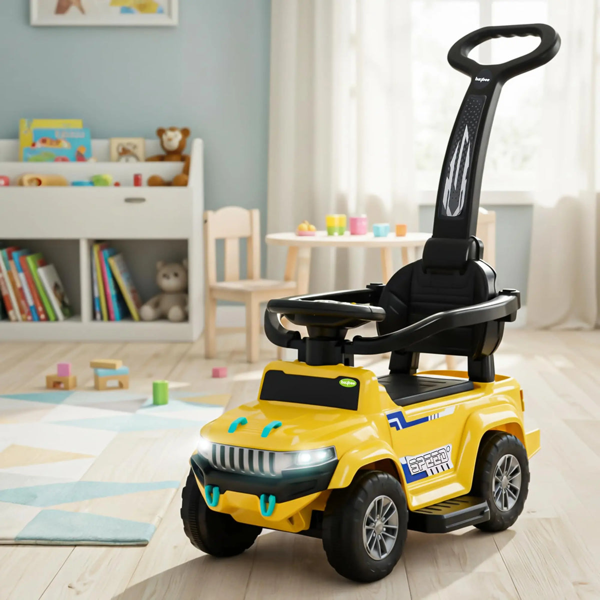 Baybee Speedy Pro yellow ride-on car with parental handle and safety bar
