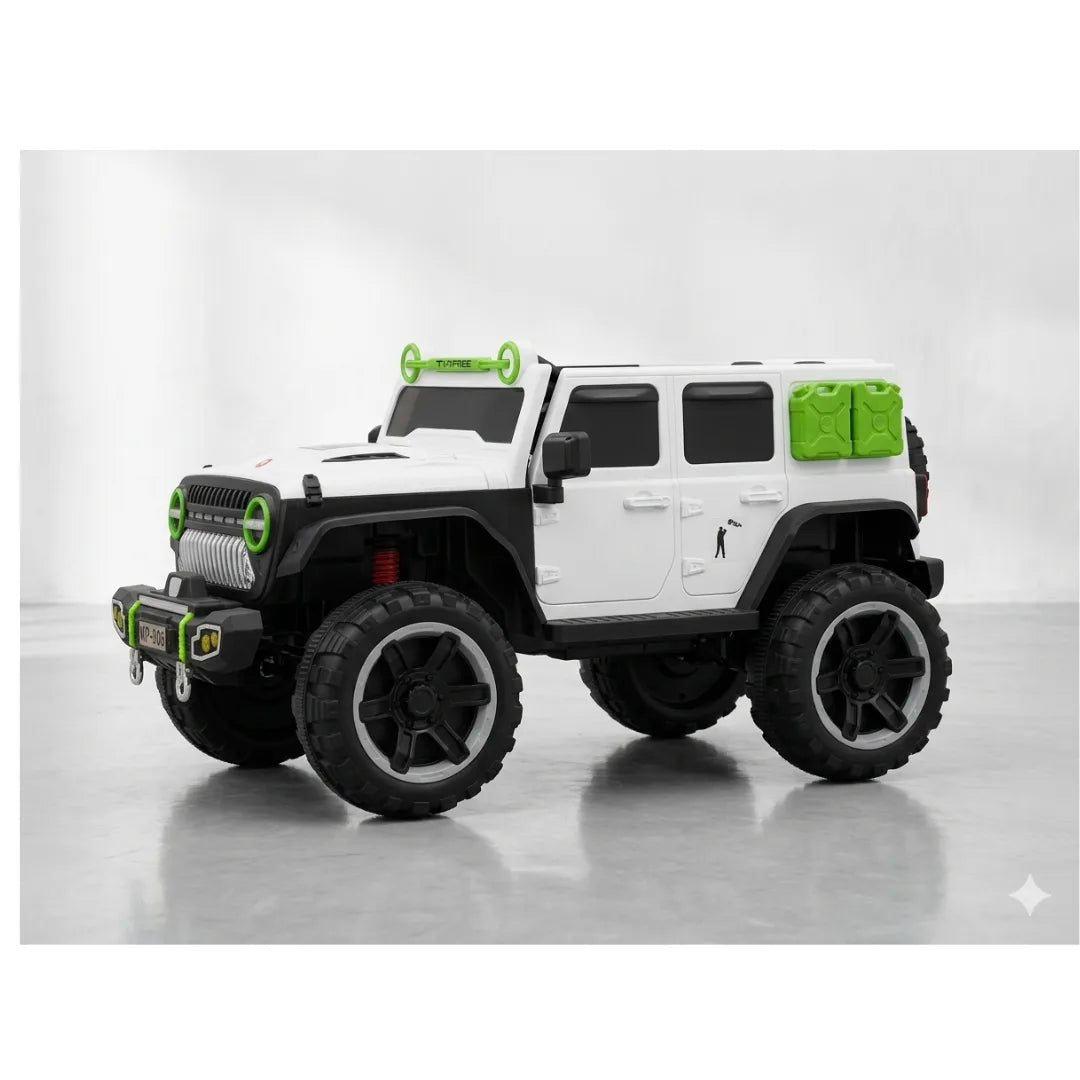 White ride-on jeep with green roof bar, side door details, and large black wheels