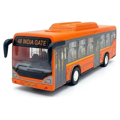 Orange toy bus with black windows, white wheels, and a 48 India Gate route sign