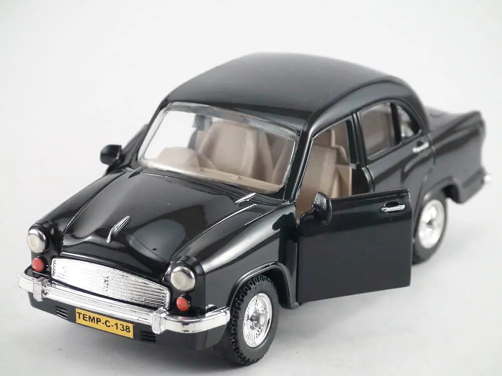 Black pull-back toy car with front door open, silver grille, and tan interior