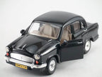 Black pull-back toy car with front door open, silver grille, and tan interior