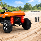 Orange kids jeep rear quarter view with glowing tail lights and large treaded wheels