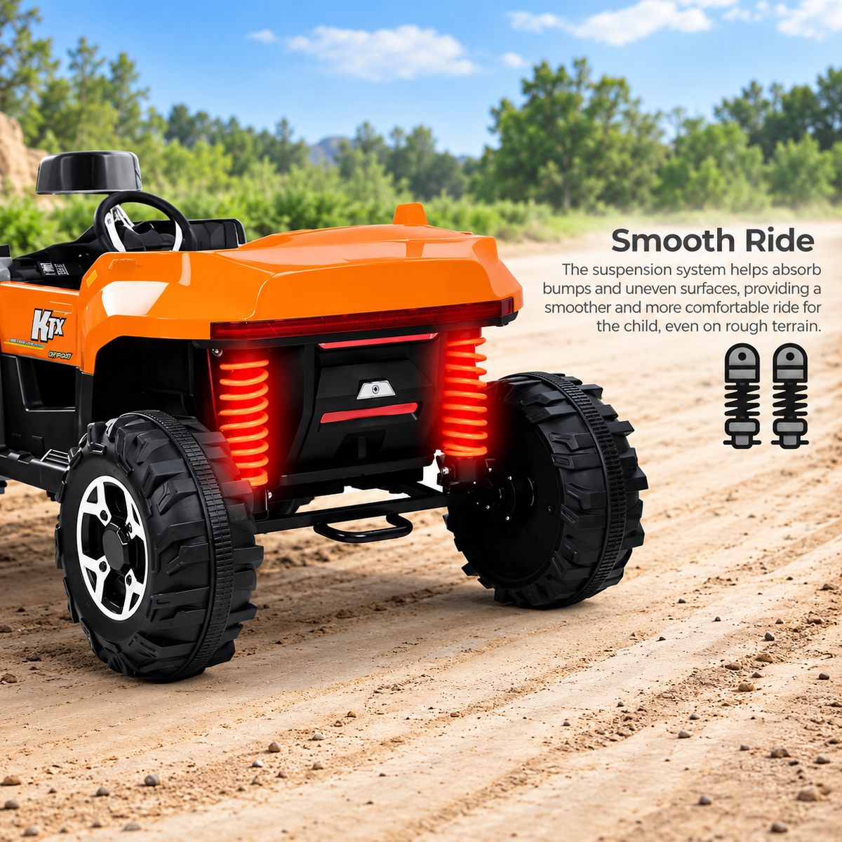 Orange kids jeep rear quarter view with glowing tail lights and large treaded wheels