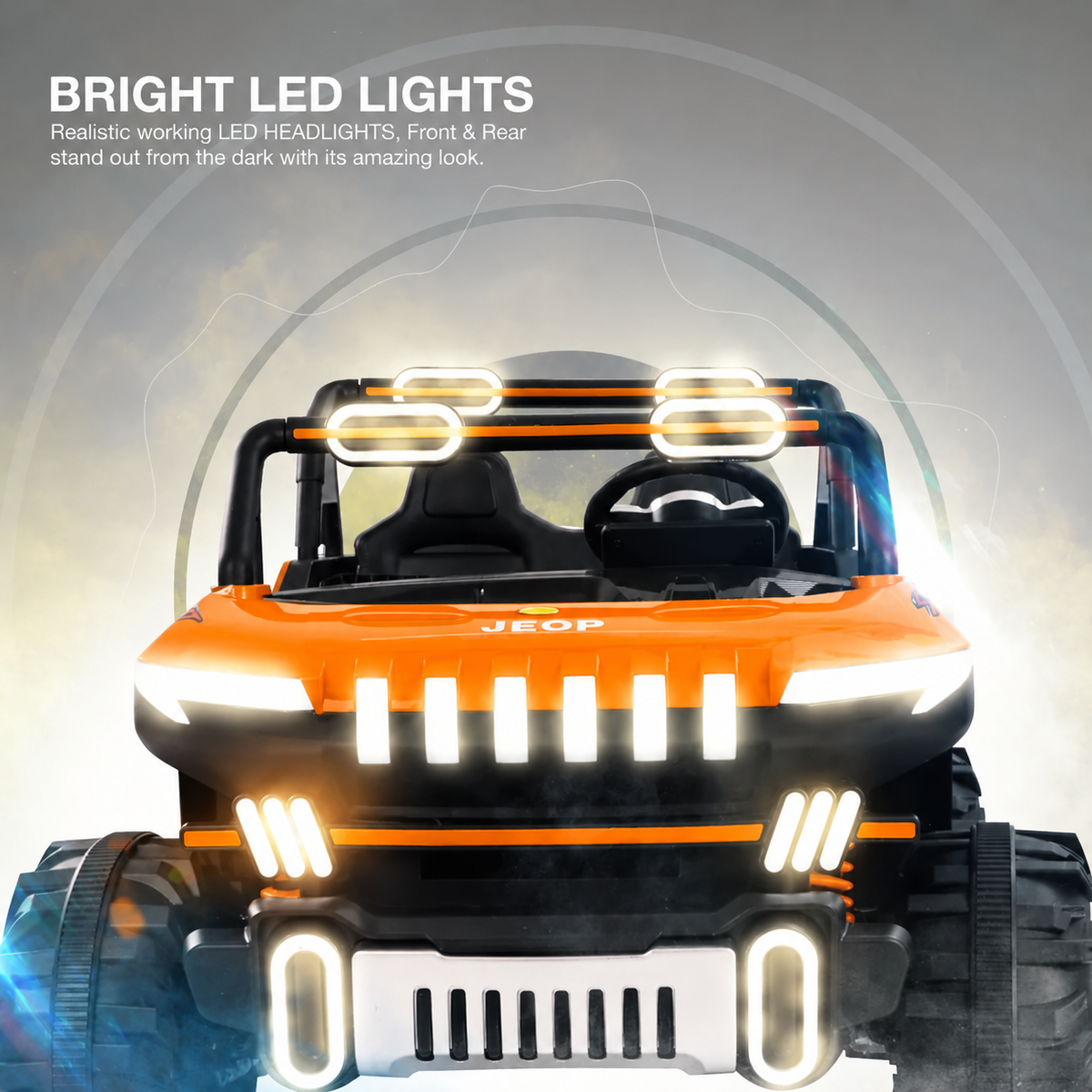 Orange jeep front view with bright LED headlight strip, black seats, and grille