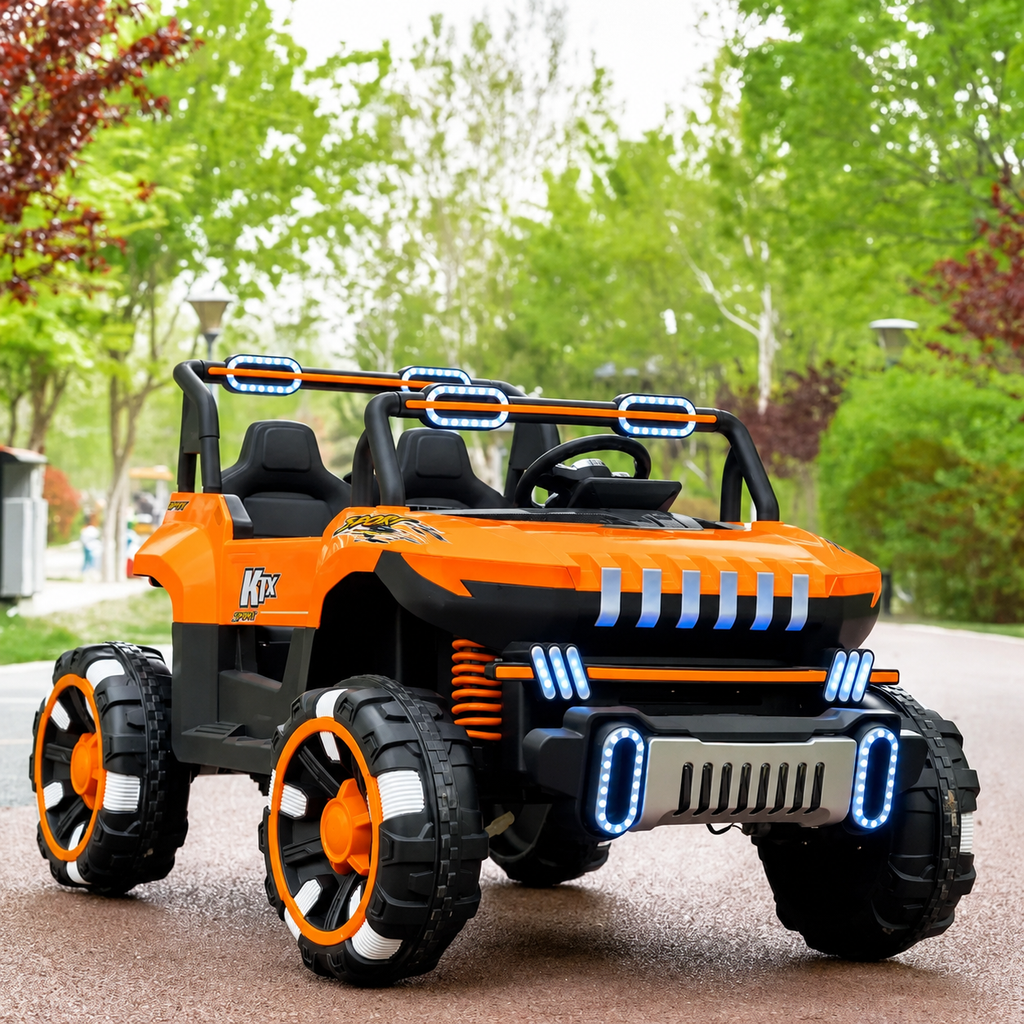 Orange ride-on jeep with black seats, front LED light bar, and four wide wheels