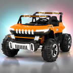 Orange and black ride-on jeep with LED front light panel, bumper, and all-terrain tires