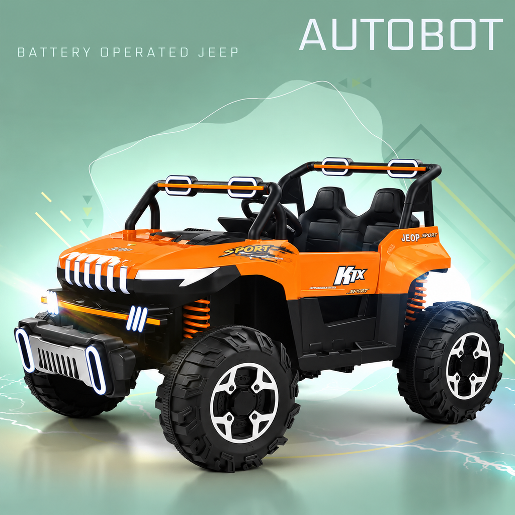 Orange kids battery-powered jeep with black seats, front LED lights, and rugged wheels