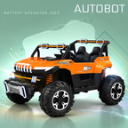 Orange kids battery-powered jeep with black seats, front LED lights, and rugged wheels