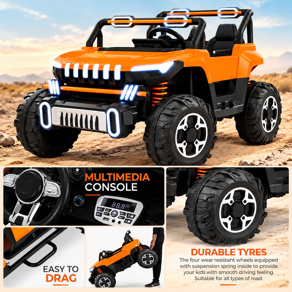 Orange kids jeep with front LED light grille, steering area, and chunky treaded wheels