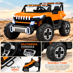 Orange kids jeep with front LED light grille, steering area, and chunky treaded wheels