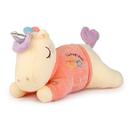 Lying unicorn plush toy in a coral jacket with embroidered stars