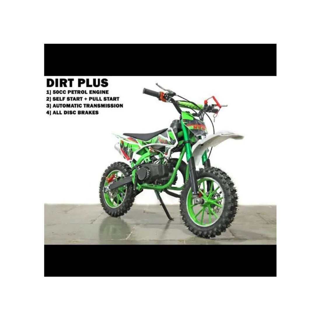Kids mini dirt bike, front three-quarter view with green frame and off-road tires