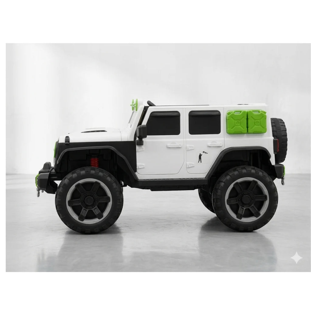 White kids off-road ride-on jeep side profile with green rear panel and black wheels