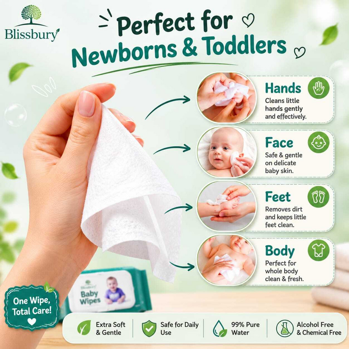 Blissbury Soft Cleansing Baby Wipes with Lid, 72 Wipes | Antibacterial, pH-Balanced & Moisture-Enriched Baby Wet Wipes