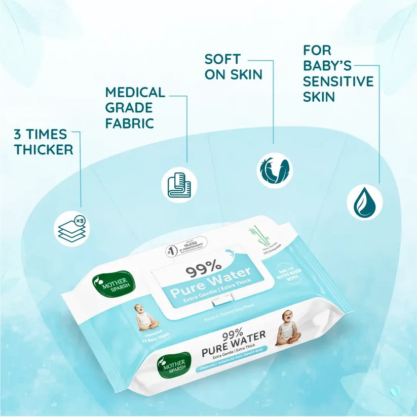 Mother Sparsh Baby 99% Pure Water Unscented Baby Wipes - Medical Grade Fabric (72 pcs)