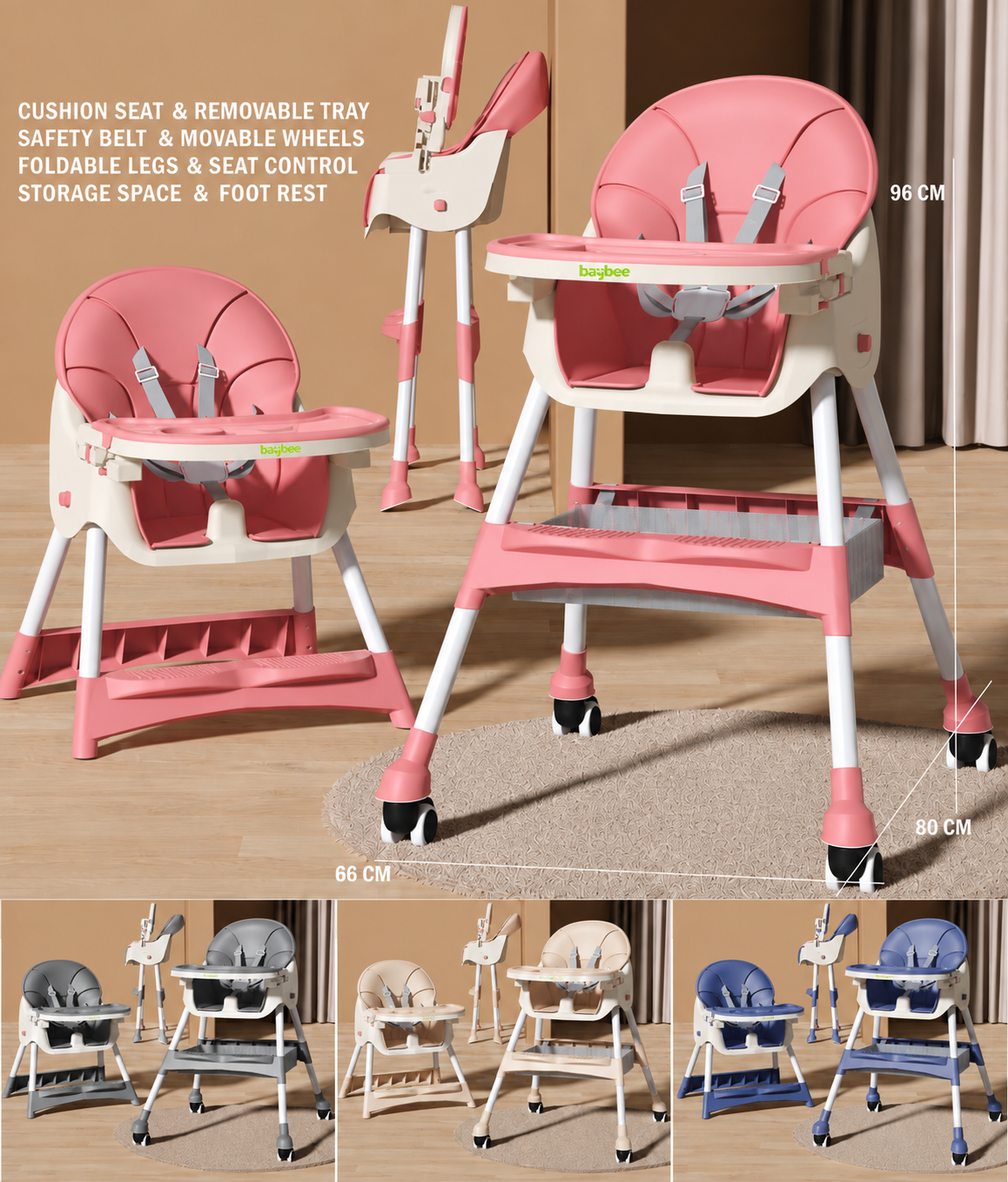 Baybee Multi-Functional Baby High Chair with Cushioned Seat, Removable Tray & Storage Basket For Kids (6 Months+)