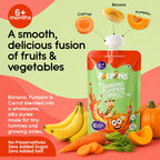 Baby food puree pouch front, 6+ months Banana Pumpkin Carrot blend
