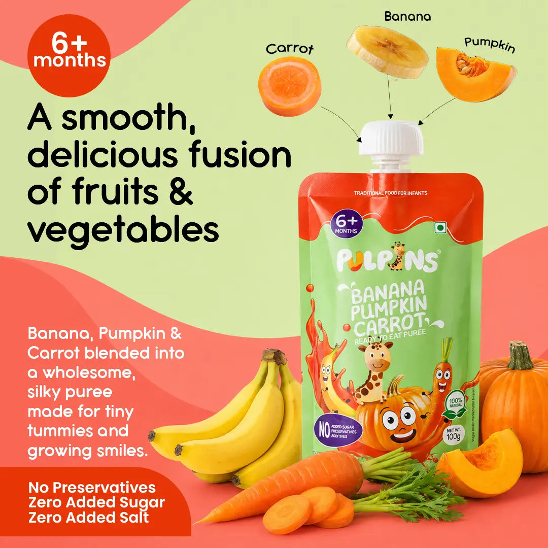 Baby food puree pouch front, 6+ months Banana Pumpkin Carrot blend