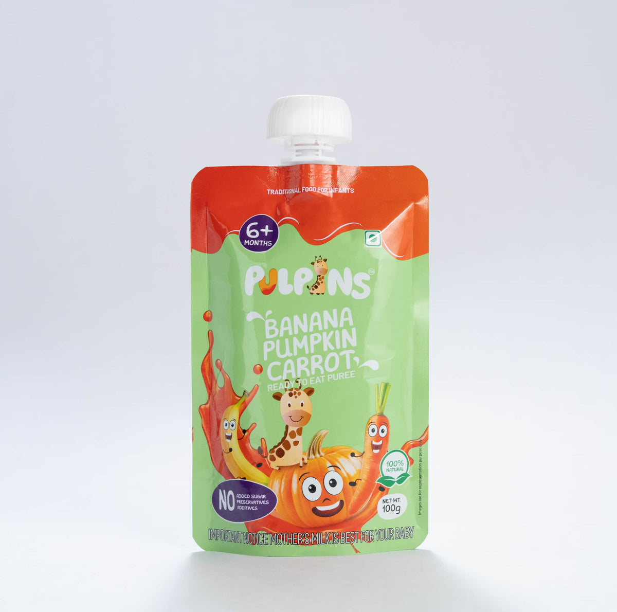 Baby food puree pouch with Banana, Pumpkin, and Carrot front label