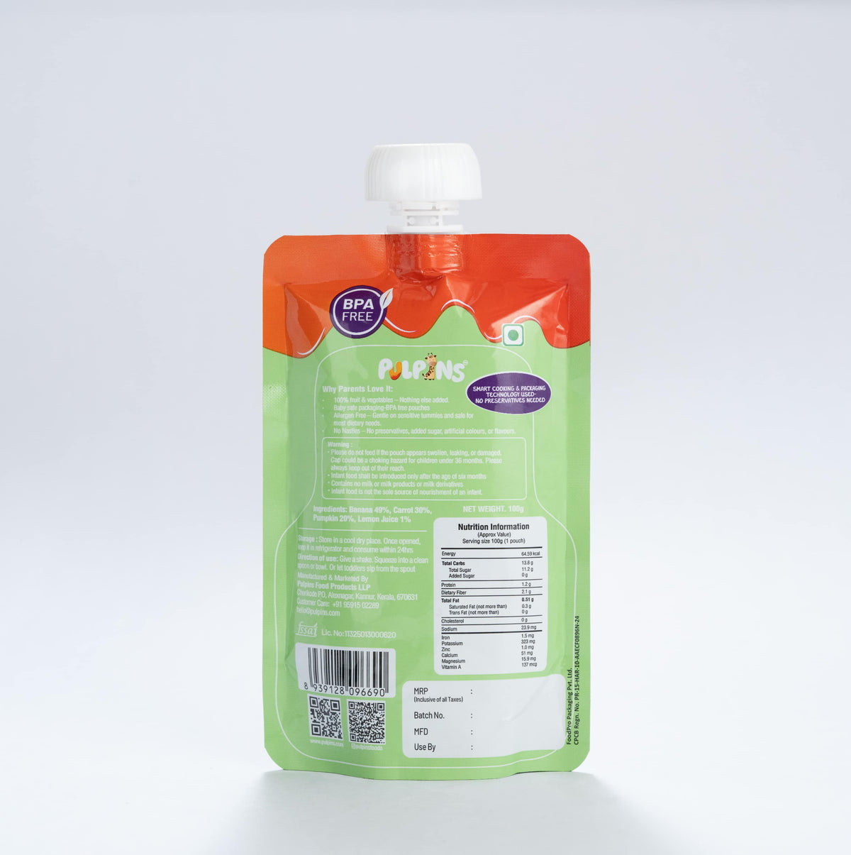 Baby food puree pouch reverse side with barcode and nutrition information