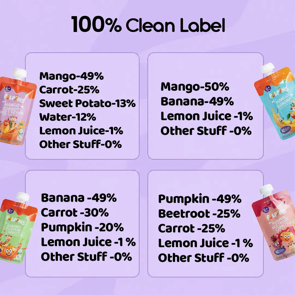 Baby food puree pouch flavor label panel with 100% clean label callout