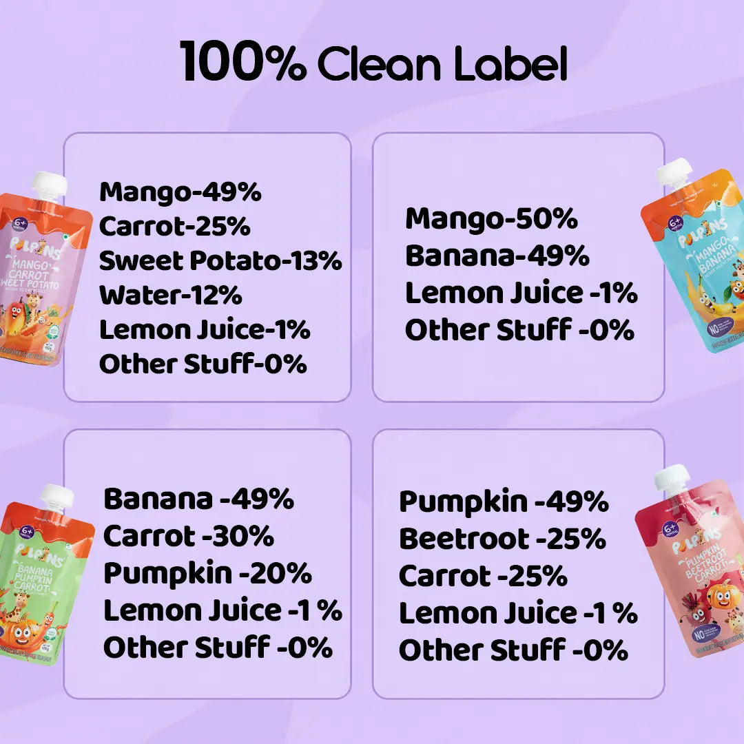 Baby food puree pouch flavor label panel with 100% clean label callout