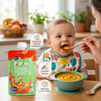 Baby eating puree with spoon beside Banana, Pumpkin, Carrot pouch and bowl