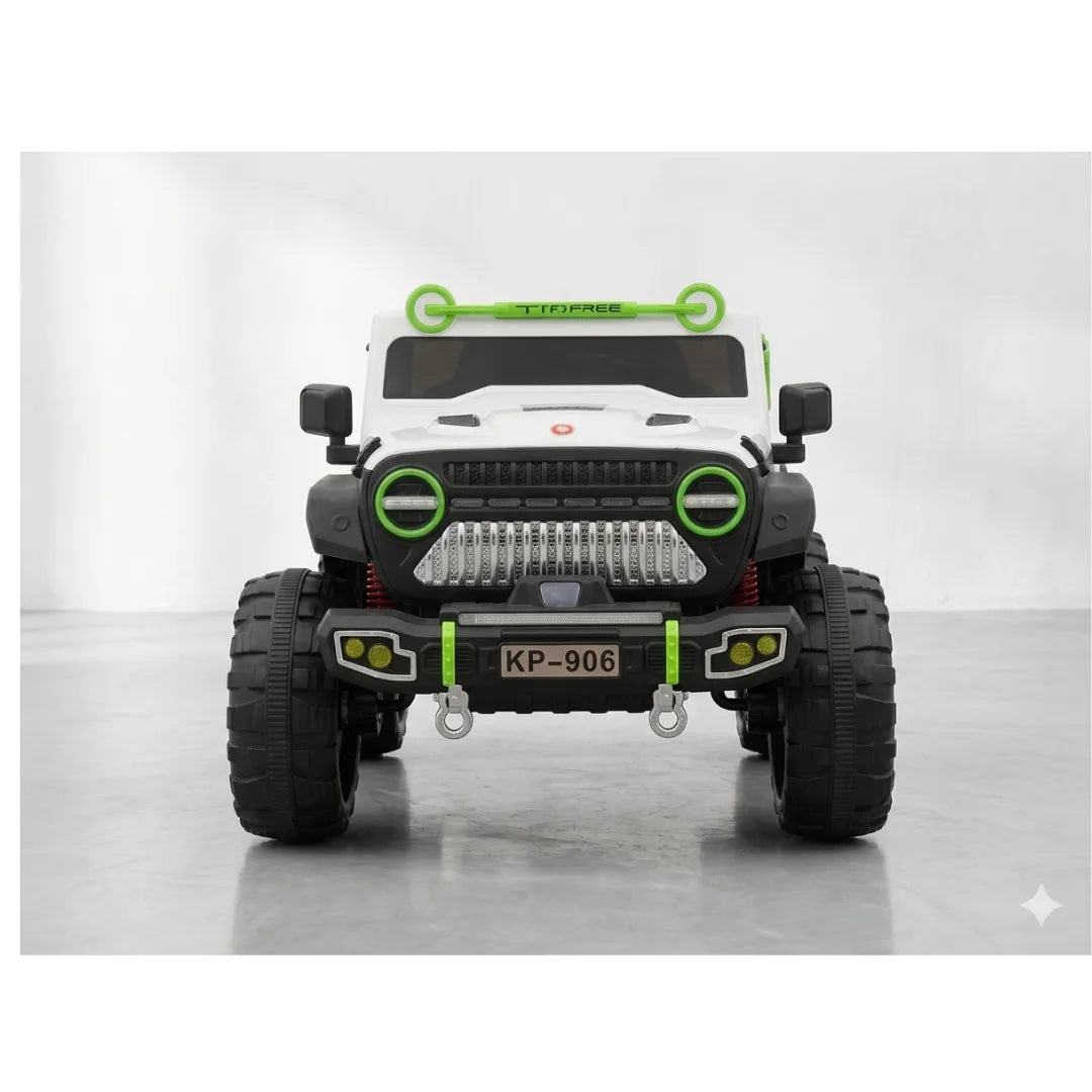 White kids electric off-road ride-on jeep with green grille and LED front lights