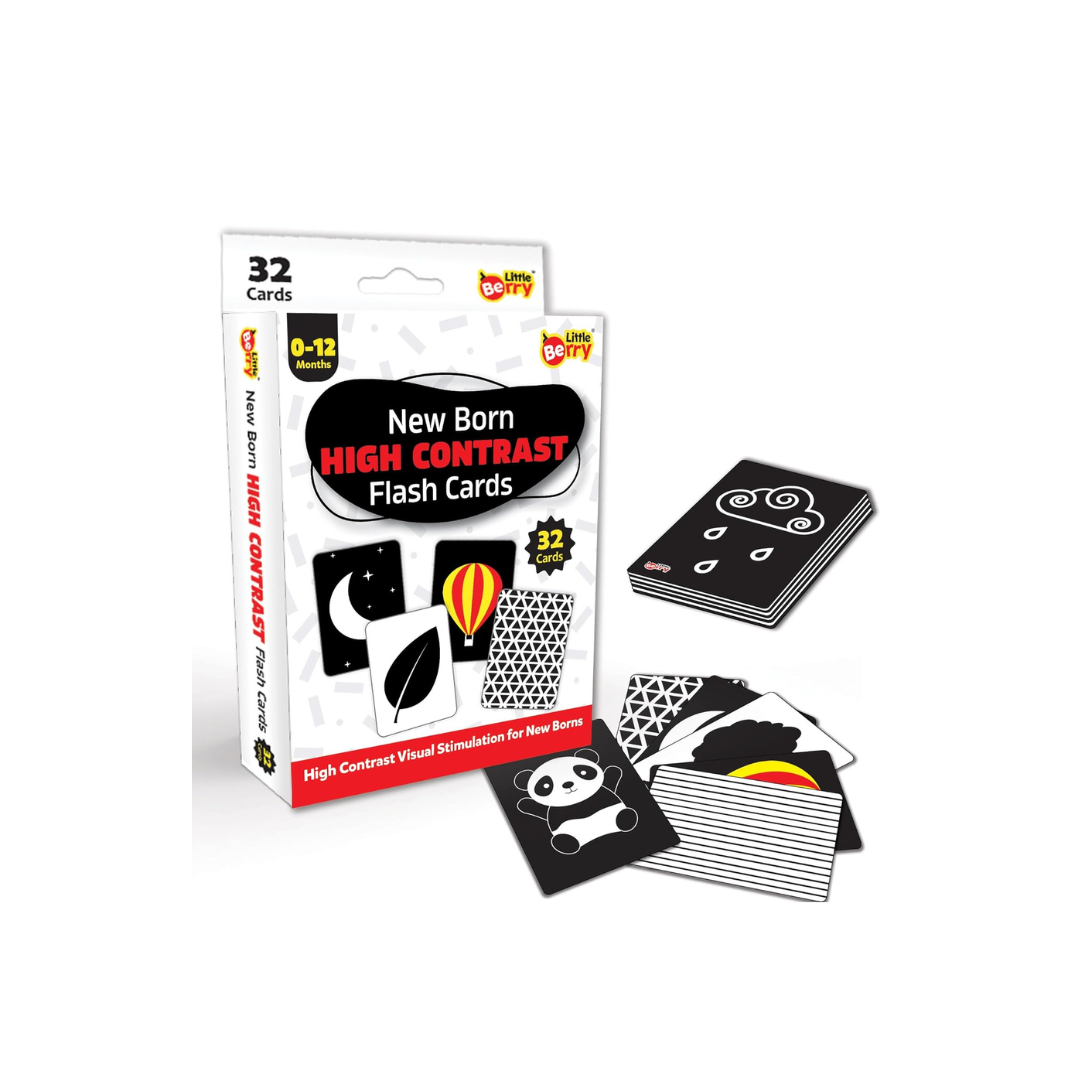 Little Berry High Contrast Flash Cards for New Born Babies & Infants, 32 Double-sided Black & White Cards With 60+ Pictures, (0-18 Months)