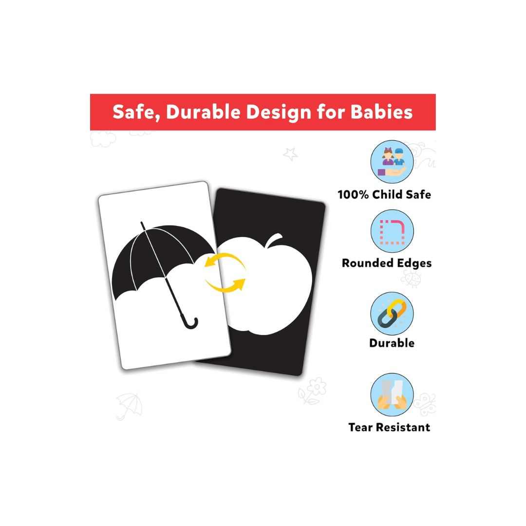 Little Berry High Contrast Flash Cards for New Born Babies & Infants, 32 Double-sided Black & White Cards With 60+ Pictures, (0-18 Months)