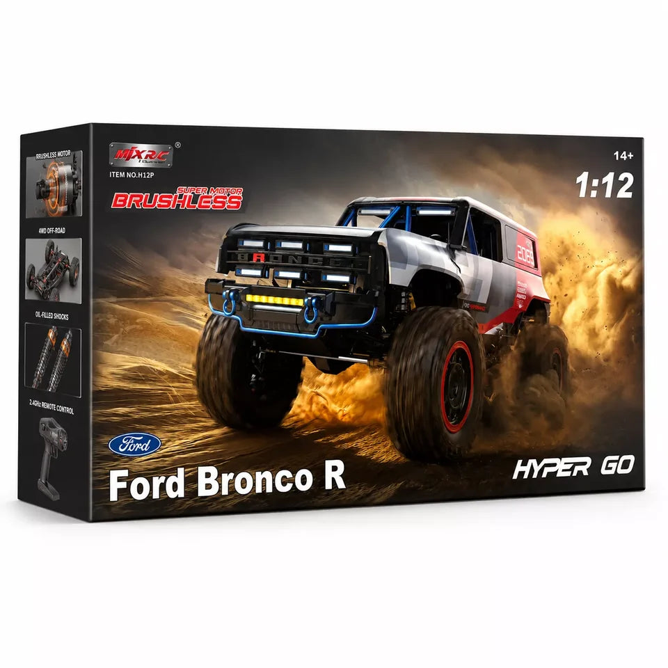 MJX R/C Hyper Go H18P Ford Bronco R 1:12 Scale Super Motor Brushless RC Off-Road Truck | High Performance 4WD Remote Control Rock Crawler Racing Car with Rugged Off-Road Tyres | Ford Bronco R Licensed RC Model