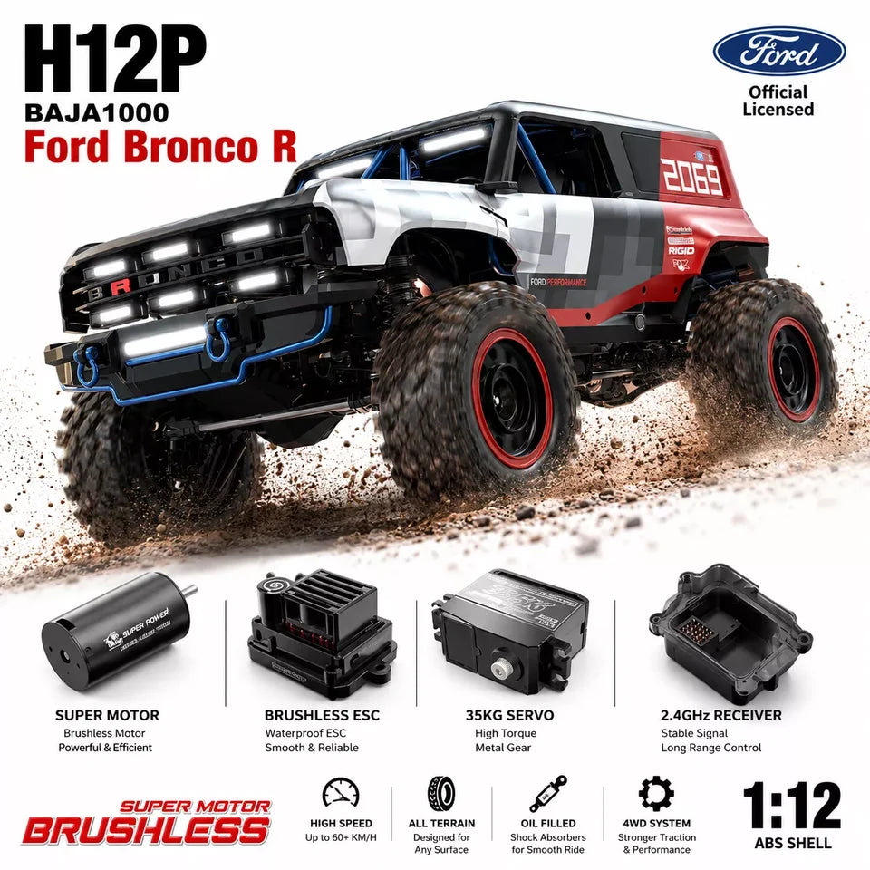 MJX R/C Hyper Go H18P Ford Bronco R 1:12 Scale Super Motor Brushless RC Off-Road Truck | High Performance 4WD Remote Control Rock Crawler Racing Car with Rugged Off-Road Tyres | Ford Bronco R Licensed RC Model