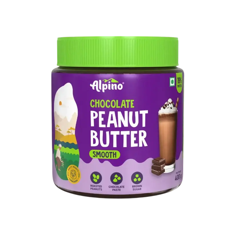 Alpino chocolate peanut butter smooth jar with green lid and purple label