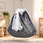 Cotton twill baby cradle cloth with white net and black floral pattern, hanging loop