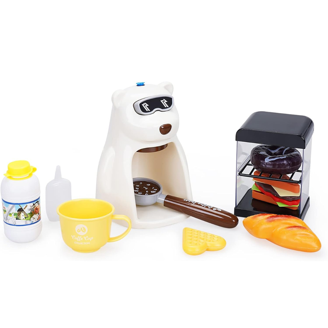 Toyrush Toy Coffee Maker for Kids with Play Food Accessories, White Bear Coffee Machine, Kitchen Accessories, Early Learning Development Playset for Boys and Girls (3 Year+)