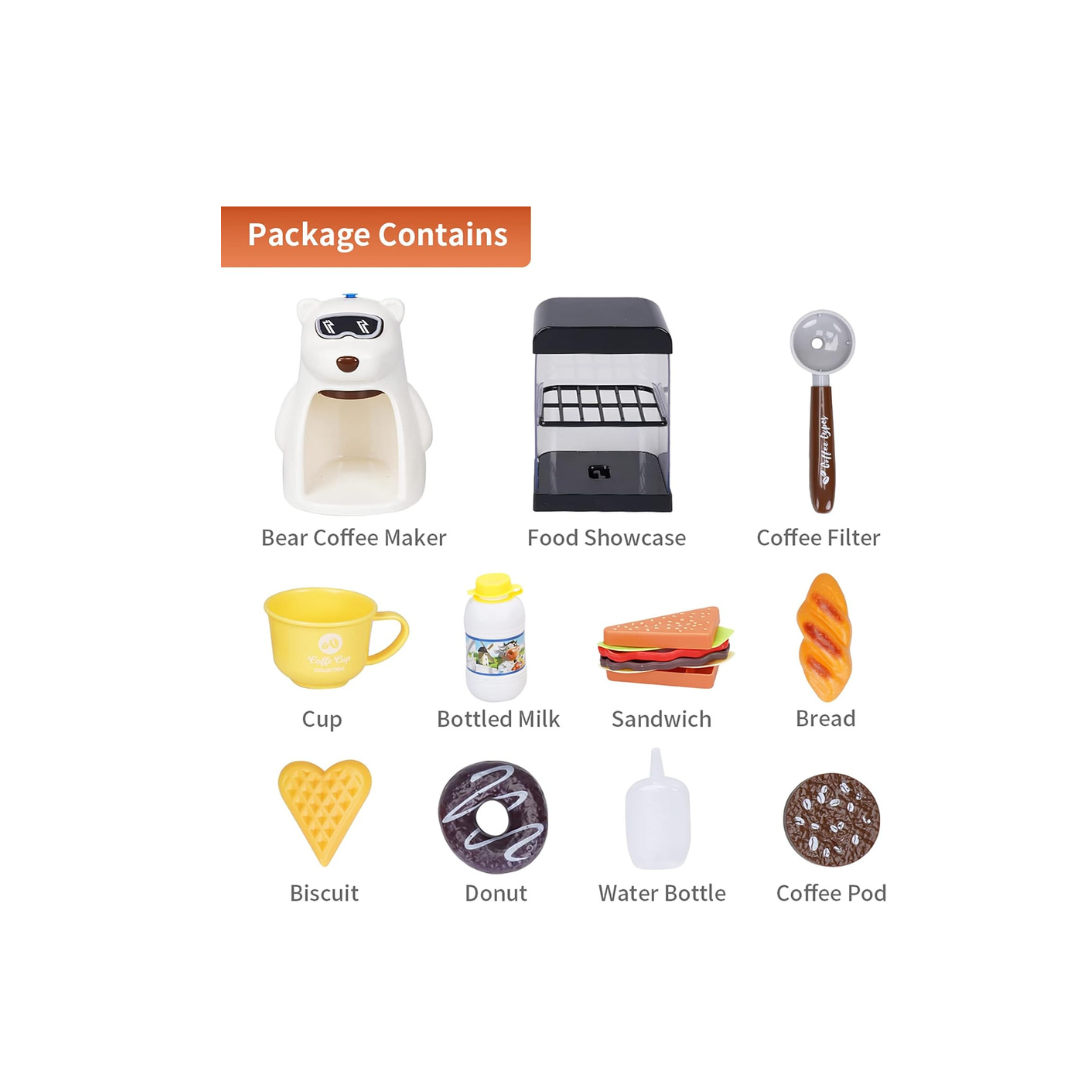 Toyrush Toy Coffee Maker for Kids with Play Food Accessories, White Bear Coffee Machine, Kitchen Accessories, Early Learning Development Playset for Boys and Girls (3 Year+)