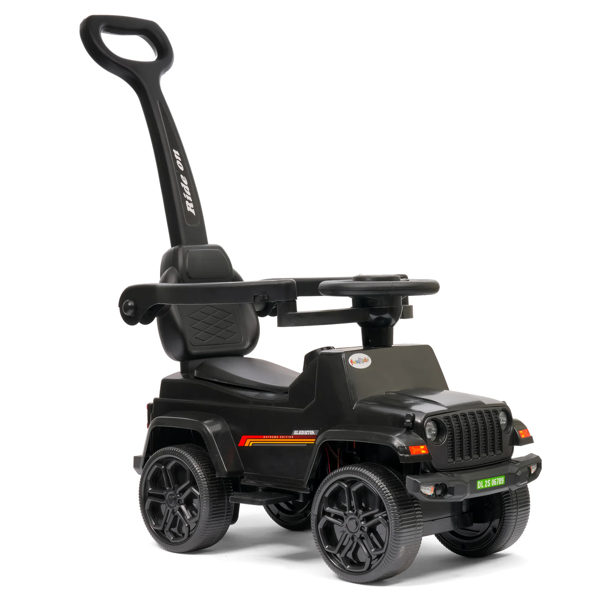 Kids electric ride-on car with steering wheel and backrest, black design