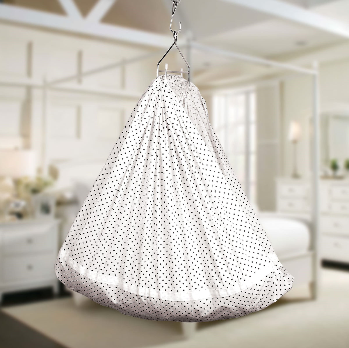 Hanging cradle cloth for kids and newborns, medium size, white fabric with black dot pattern